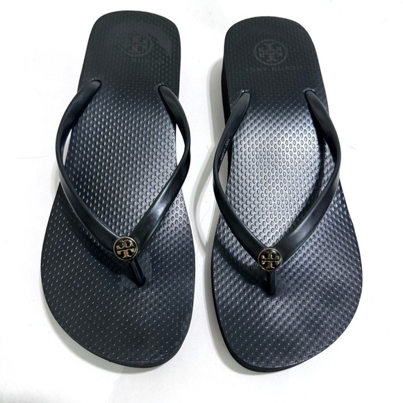 Tory Burch Black Cutout Wedge Flip Flop Platform Sandals Size 9.5 - Picture 1 of 13